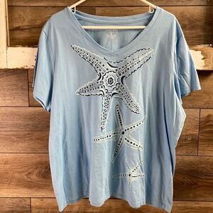 Coral Bay Women’s Starfish Top Plus Size 2X Blue Starfish Graphics